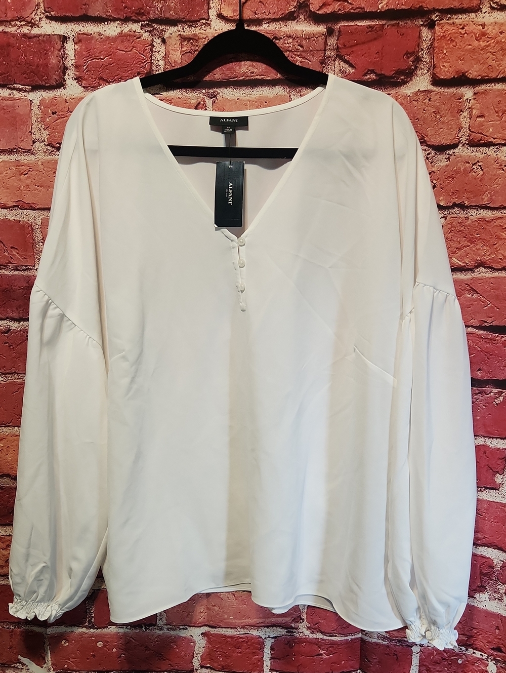 Alfani White V-Neck Button Balloon Sleeve Blouse